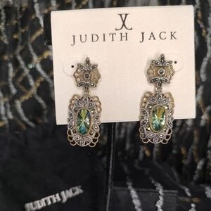Judith Jack Sterling Silver Marcasite Earrings Dangle Green Stone!